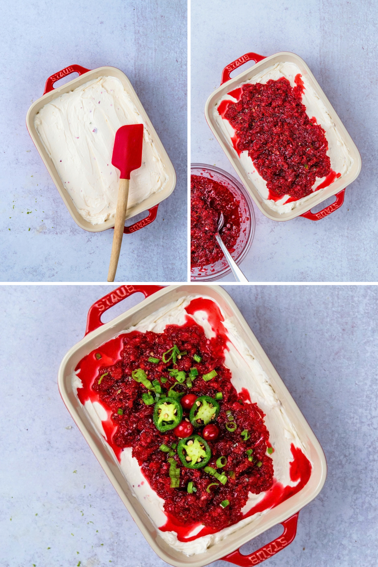 Three steps for assembling cranberry jalapeno cream cheese dip, from spreading the whipped cream cheese layer in a red serving dish to adding cranberry jalapeno relish and garnishing with diced jalapeno, jalapeno slices, green onion, and whole cranberries.